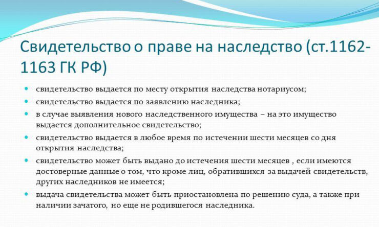 Сроки выдачи свидетельства о праве на наследство в ГК РФ ст 1163